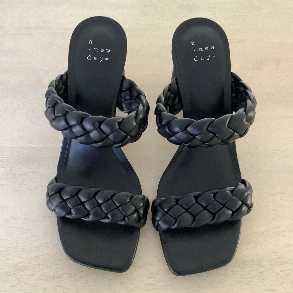 A New Day Basil Black Braided Strap Heels